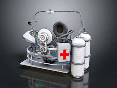 Advanced Medical Emergency Equipment With Red Cross Oxygen Cylinders And Control Panel 3d model