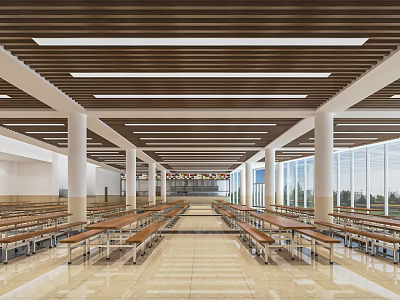 Spacious Dining Hall Interior With Wooden Ceiling White Columns Large Windows And Long Tables Benches 3d model