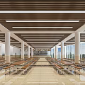 Spacious Dining Hall Interior With Wooden Ceiling White Columns Large Windows And Long Tables Benches