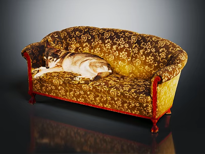 Vintage Floral Pattern Sofa In Golden Brown With Red Legs And Dog Resting 3d model