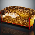 Vintage Floral Pattern Sofa In Golden Brown With Red Legs And Dog Resting