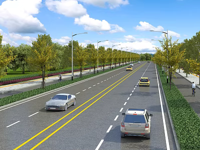Well Designed Road Infrastructure With Lanes Street Lamps Green Belts And Trees 3d model