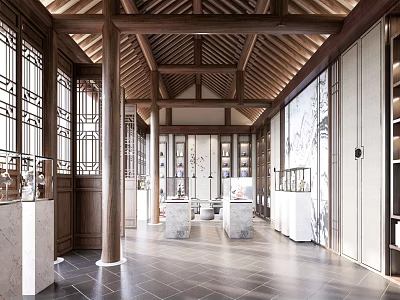 Chinese Traditional Boutique Interior With Wooden Beams Lattice Windows And Display Cabinets 3d model