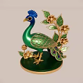 Green Peacock Ornamental Decoration With Blue Crest Golden Details And Flowers