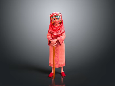 Traditional Red Robed Doll Figure With Headscarf Holding Wooden Cane And Red Shoes 3d model
