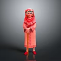 Traditional Red Robed Doll Figure With Headscarf Holding Wooden Cane And Red Shoes