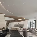 Modern Lounge Area Interior With Curved Starry Ceiling Round Tables And Large Windows