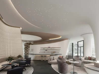 Modern Lounge Area Interior With Curved Starry Ceiling Round Tables And Large Windows 3d model