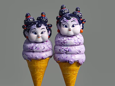 Cartoon Character Ice Cream Cones With Purple Swirl Yellow Waffle Cone Black Hair Red Decor 3d model