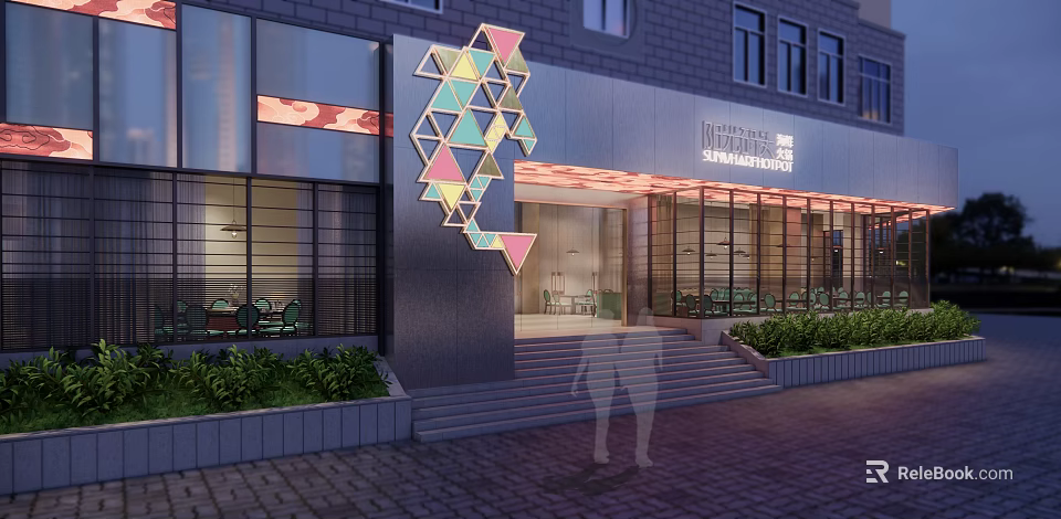 National Center For Contemporary Arts Neman House Exterior With Geometric Decor And Night Lighting 3d model 