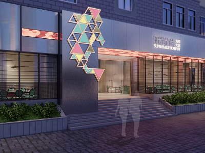 National Center For Contemporary Arts Neman House Exterior With Geometric Decor And Night Lighting 3d model