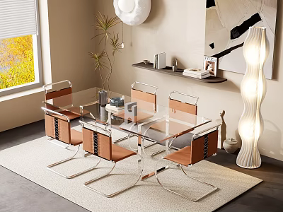 Modern Office Desk With Glass Top Four Chairs Window Plant Floor Lamp And Decorative Painting 3d model
