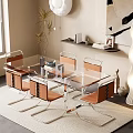 Modern Office Desk With Glass Top Four Chairs Window Plant Floor Lamp And Decorative Painting