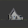Cartoon Scene Featuring Church with White and Black Roof on Circular Lawn Pathway and Cars
