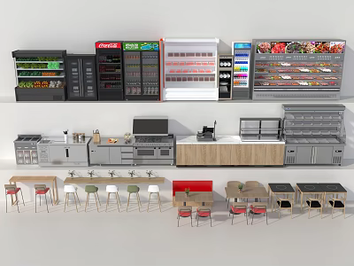 Commercial Kitchen Setup With Display Fridges Food Shelves Tables And Chairs 3d model