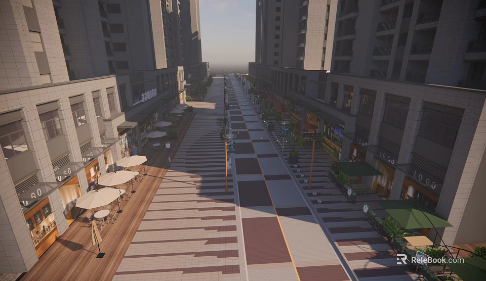 Modern Urban Commercial Landscape With High Rise Buildings Pedestrian Street Shops And Outdoor Seating 3d model 