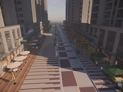 Modern Urban Commercial Landscape With High Rise Buildings Pedestrian Street Shops And Outdoor Seating 3d model