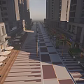 Modern Urban Commercial Landscape With High Rise Buildings Pedestrian Street Shops And Outdoor Seating
