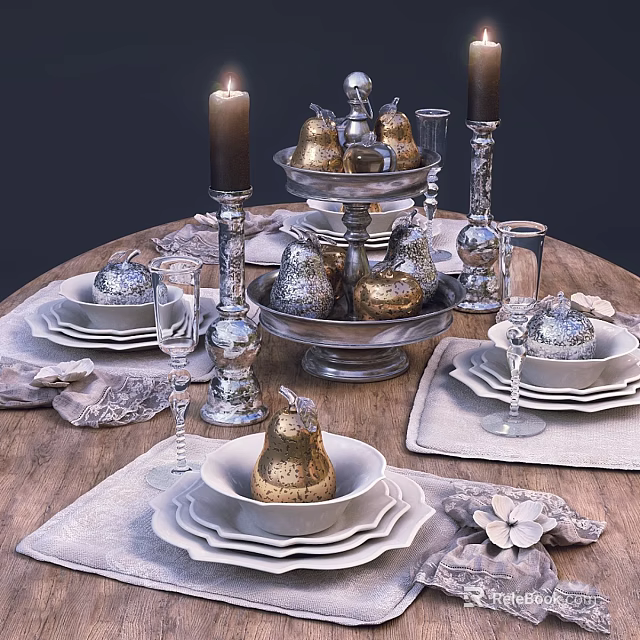 Elegant Dinnerware Set with White Plates Silver Candle Holders and Golden Pear Decorations 3d model 