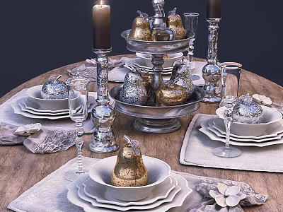 Elegant Dinnerware Set with White Plates Silver Candle Holders and Golden Pear Decorations 3d model
