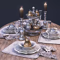 Elegant Dinnerware Set with White Plates Silver Candle Holders and Golden Pear Decorations