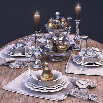 Elegant Dinnerware Set with White Plates Silver Candle Holders and Golden Pear Decorations 3d model
