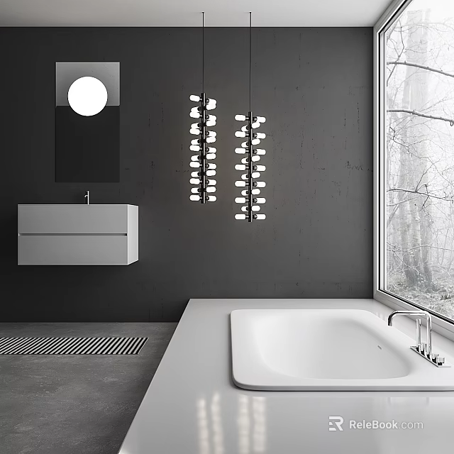 Modern Bathroom With Dark Gray Wall Round Mirror Hanging Lights White Sink And Large Window 3d model 