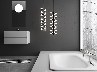 Modern Bathroom With Dark Gray Wall Round Mirror Hanging Lights White Sink And Large Window 3d model