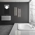 Modern Bathroom With Dark Gray Wall Round Mirror Hanging Lights White Sink And Large Window