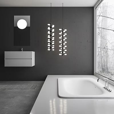 Modern Bathroom With Dark Gray Wall Round Mirror Hanging Lights White Sink And Large Window 3d model