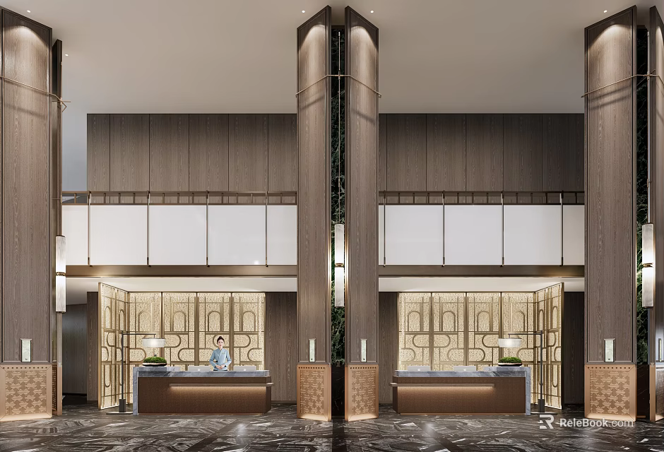 Elegant Front Desk Reception Area With Marble Counter Wooden Backdrop And Modern Lighting 3d model 