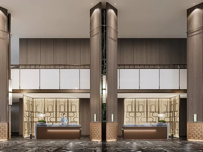 Elegant Front Desk Reception Area With Marble Counter Wooden Backdrop And Modern Lighting 3d model
