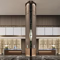 Elegant Front Desk Reception Area With Marble Counter Wooden Backdrop And Modern Lighting