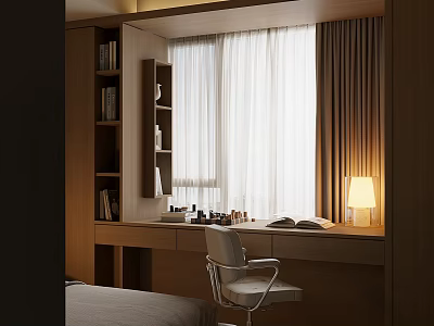 Cozy Bay Window With Writing Desk Chair Table Lamp And Bookshelf In Modern Bedroom 3d model