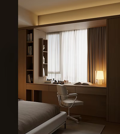 Cozy Bay Window With Writing Desk Chair Table Lamp And Bookshelf In Modern Bedroom 3d model