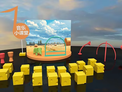 Music Class Scene With Stage Yellow Seats Cage Structure And Blue Sky Background 3d model