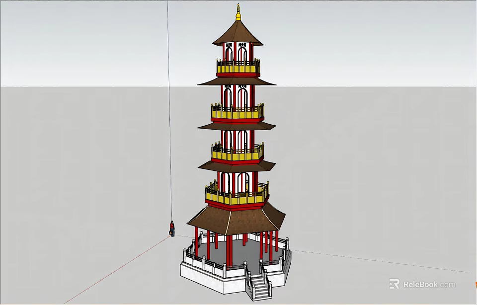 Traditional Chinese Multi Story Tower with Red Columns Yellow Railings Curved Eaves on White Platform 3d model 