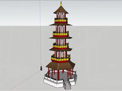 Traditional Chinese Multi Story Tower with Red Columns Yellow Railings Curved Eaves on White Platform 3d model