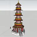 Traditional Chinese Multi Story Tower with Red Columns Yellow Railings Curved Eaves on White Platform