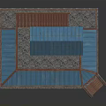 Two Story Wooden Pavilion With Blue Roof Red Railings And Staircase