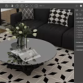 Black Base Round Glass Coffee Table with Vase White Flowers Magazine on Geometric Rug