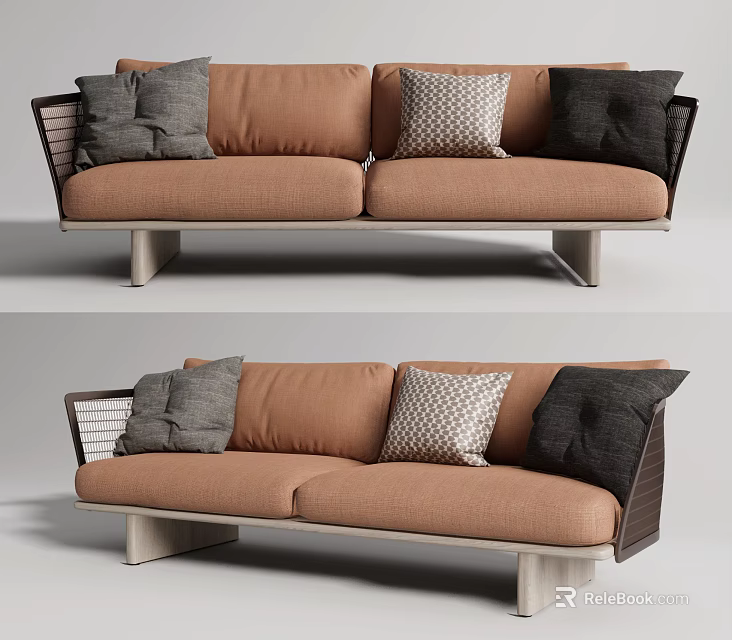 Modern Two Seater Sofa With Brown Upholstery Gray Black And Patterned Pillows 3d model