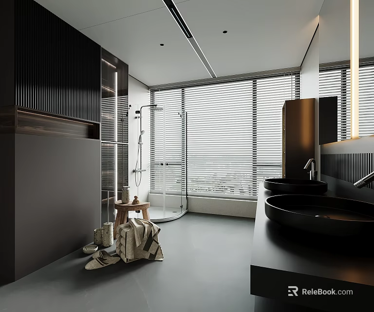 Modern Bathroom Interior With Open Shower Large Windows Double Sinks Black Walls Gray Flooring 3d model 