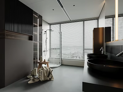 Modern Bathroom Interior With Open Shower Large Windows Double Sinks Black Walls Gray Flooring 3d model