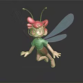 3D Cartoon Character With Pink Hair Glasses Green Top Brown Shorts And Blue Dragonfly Wings