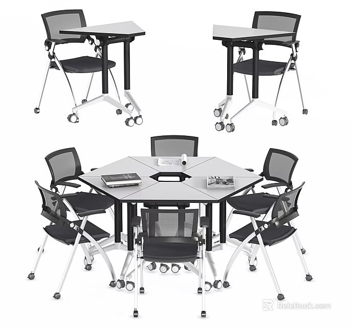 Modern Hexagonal Conference Table With Rolling Office Chairs Notebook And Stationery 3d model 