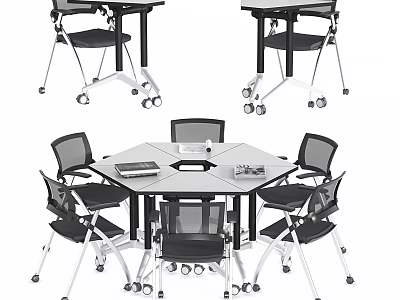 Modern Hexagonal Conference Table With Rolling Office Chairs Notebook And Stationery 3d model