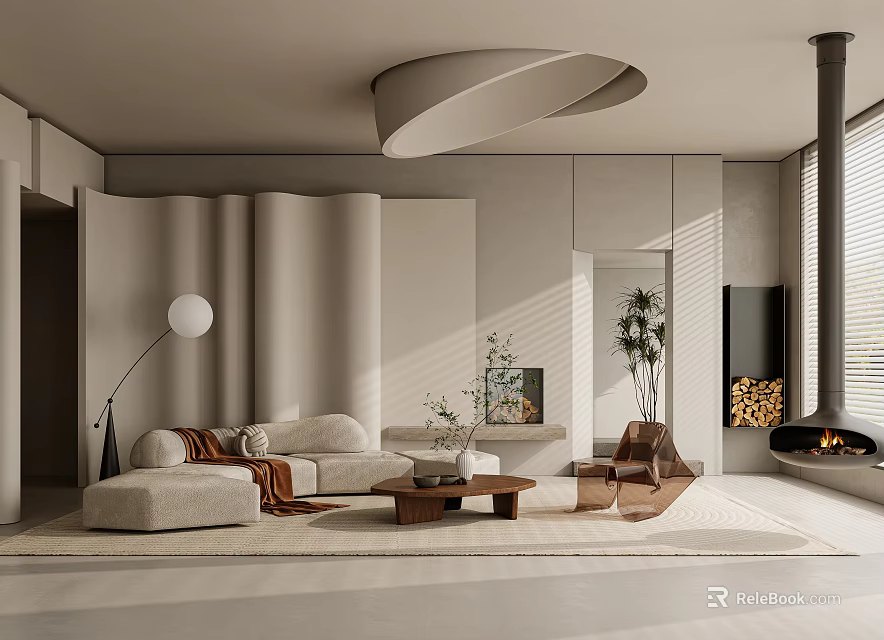 Modern Living Room Interior Featuring Curved Walls Light Sofa Floor Lamp And Fireplace 3d model 