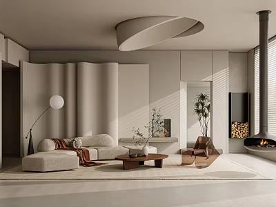 Modern Living Room Interior Featuring Curved Walls Light Sofa Floor Lamp And Fireplace 3d model