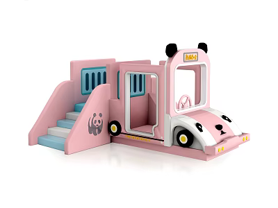 Pink And White Cartoon Panda Bus Play Equipment With Slide And Stairs 3d model